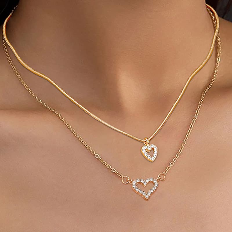 new diamond stacking double layer love clavicle chain creative snake bone chain peach heart pendant necklace for women