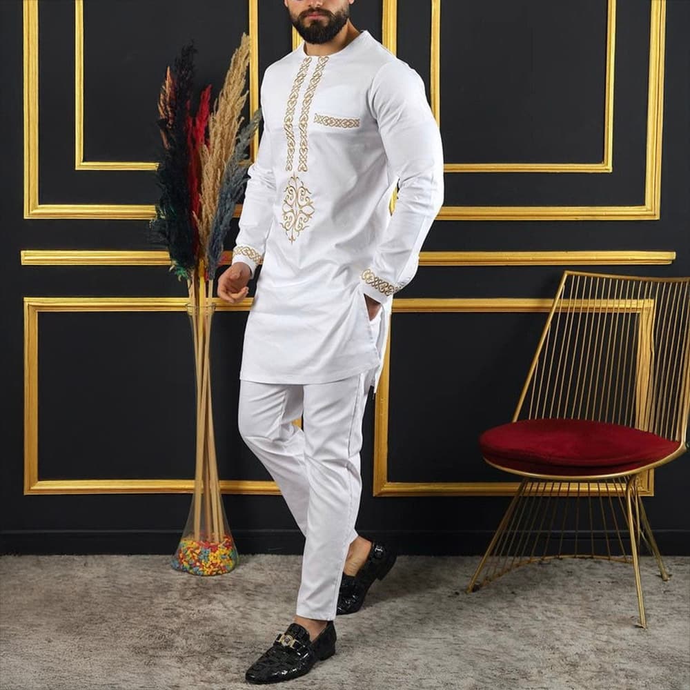 Men's Clothing Men's Suit African Ethnic Long Sleeved White Embroidered Traditional Casual Holiday Clothing Modest Set