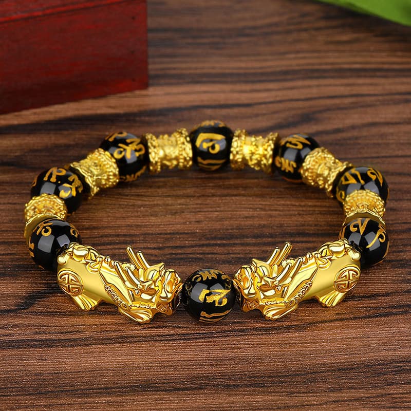 Men's domineering brave bracelet Vietnam gold bracelet gold jewelry obsidian six-character mantra beads color preservation