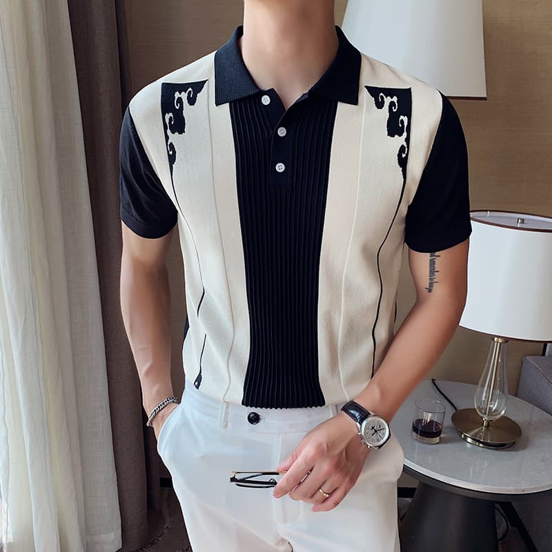 Men's Clothing High end personality color matching ice silk thin short sleeved T shirt men's summer new style all match Polo shirt