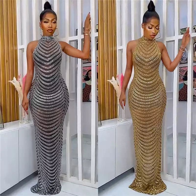 Women's new spring elegant elegant hot diamond banquet temperament long dress INS