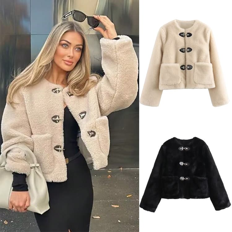​​"Spring Fleece Jacket – Snap-Button Oversized Coat In Beige/Black | Streetwear Staple For Layering & Urban Adventures"​​