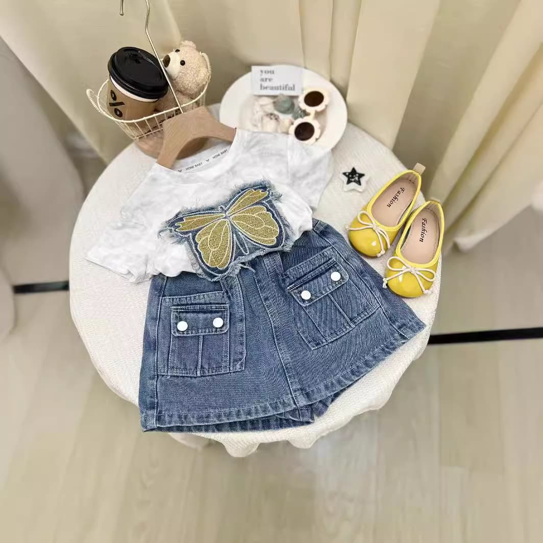 Kid's Clothing 2024 Summer New Girls Suit Butterfly Embroidered Top Plus Fashionable Denim Skirt Pants