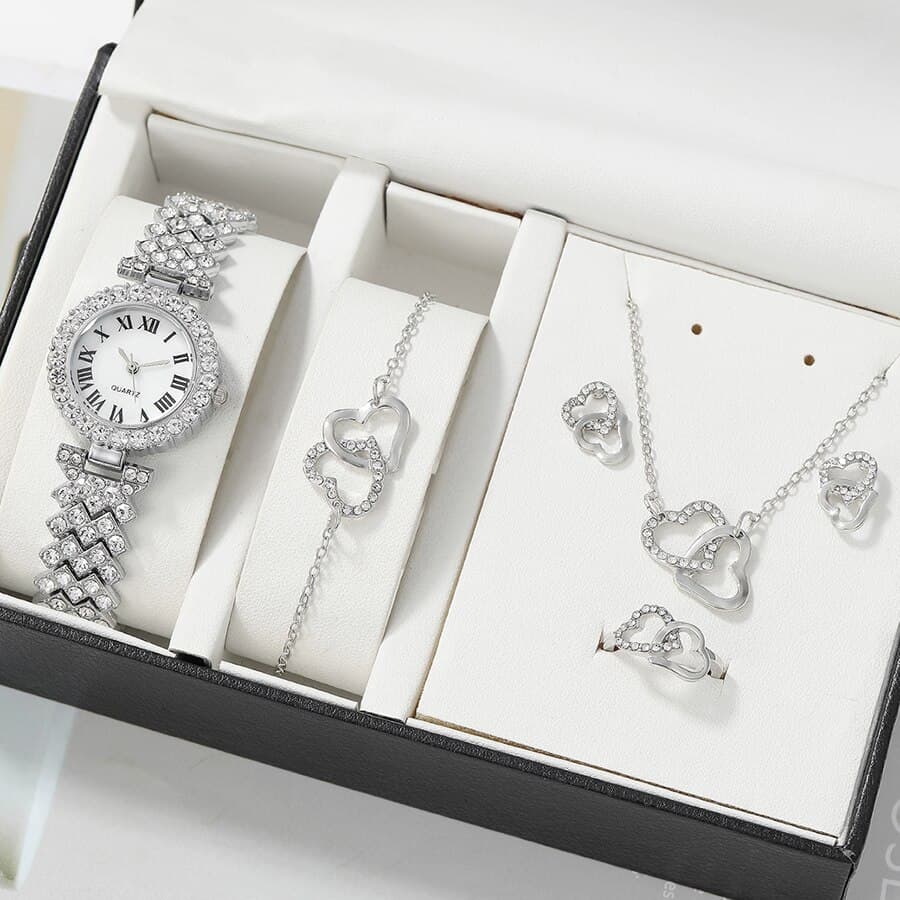 Women's Personality Fashion Roman Numeral Diamond Watch + Heart Set (5pcs/set)