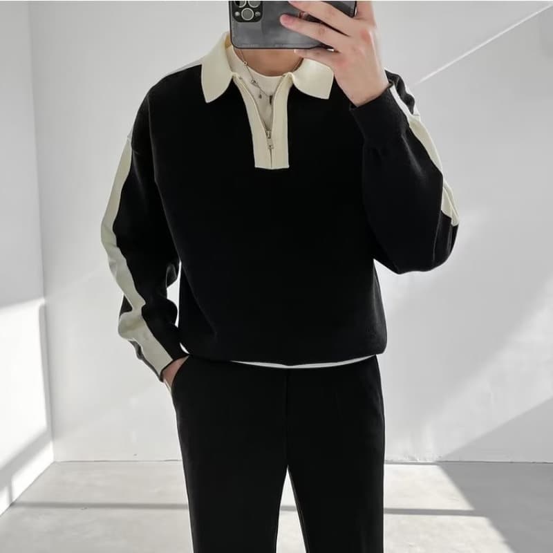 Men's Clothing Autumn and winter striped contrast color knitted polo shirt men's style fashion trend all match design half zipper jacket trend