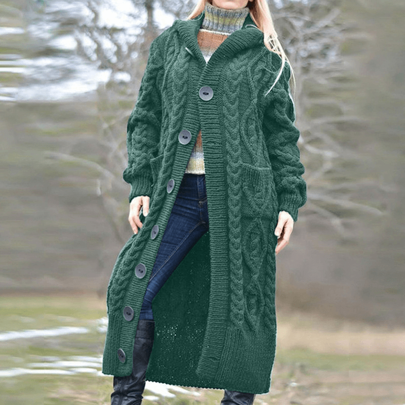 Women's Sweater Coat Loose Knit Button Cardigan Pocket Twist Mid-Length