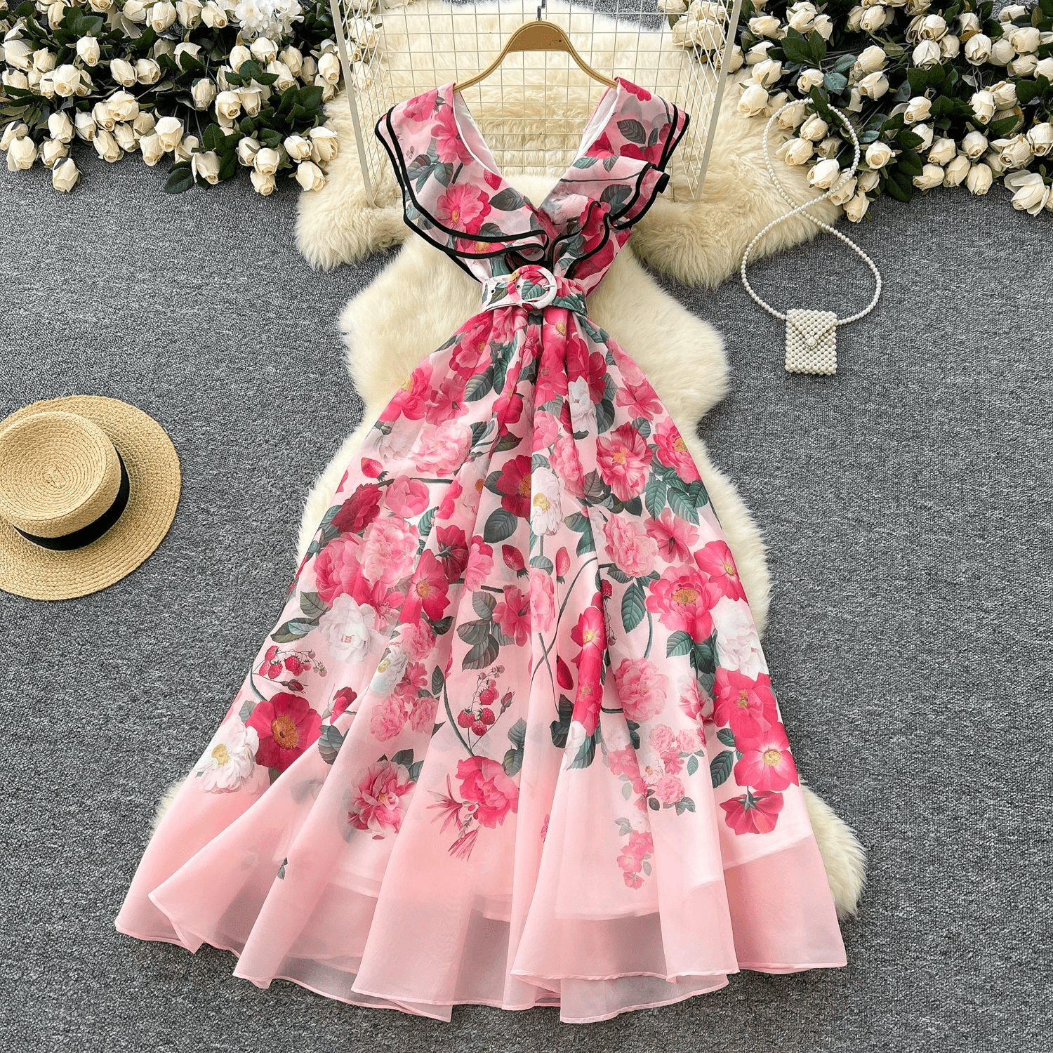 Women's Clothing Elegant Dress Ruffled V Neck Slim Waist Printed Long Skirt
