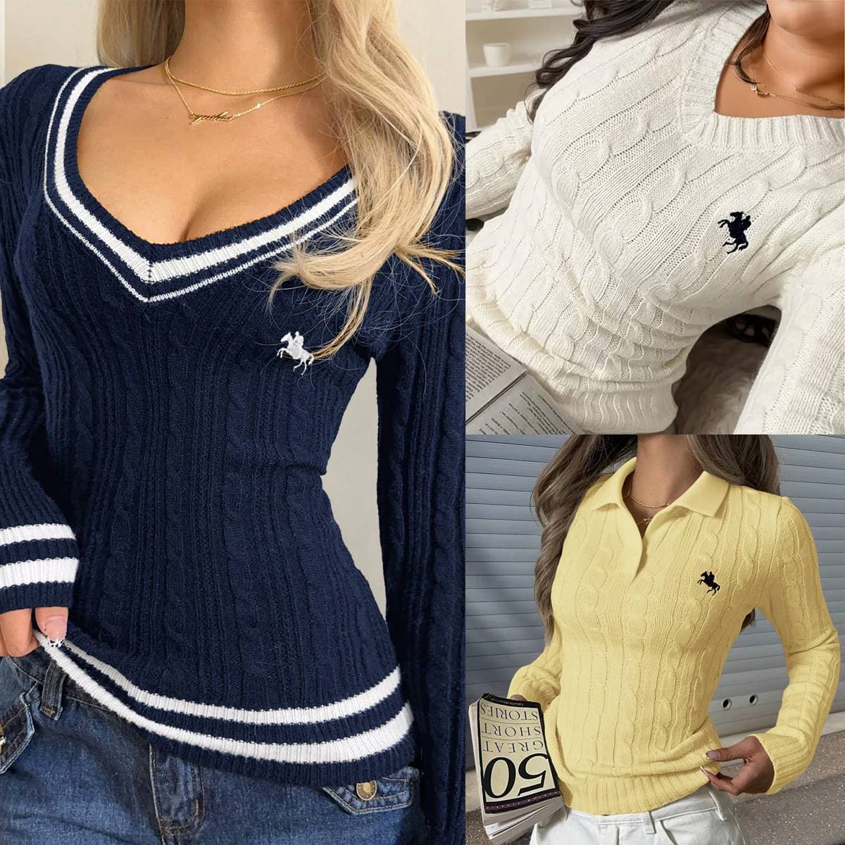 Embroidered Cable Knit V-Neck Long-Sleeved Pullover Knitted Sweater For Women