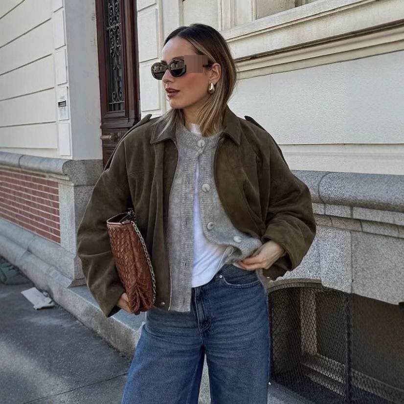 ​​Faux Suede Bomber Jacket – Women’s Stylish Zip-Up Aviator Coat (Military Green, Black, Wine Red, S-L, Fall Streetwear)​​