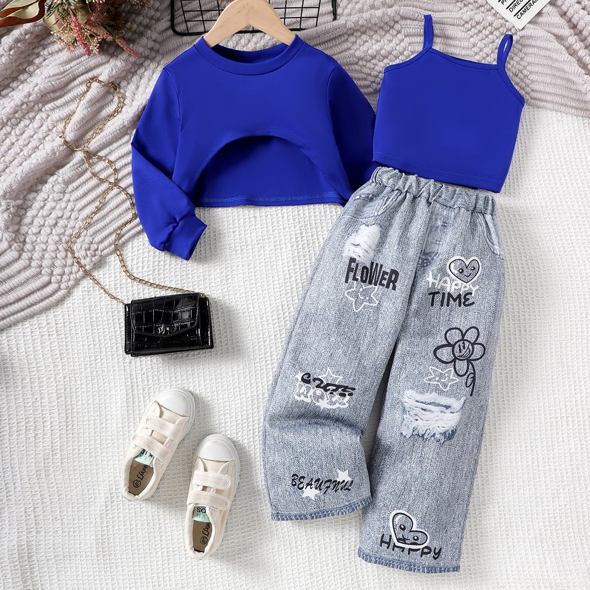 Kids' 3-Piece Outfit Set – Navy Blue Long-Sleeve Top + Vest + Jeans (2-7 Years) – Soft Cotton Casual Wear For Girls