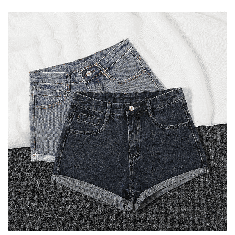 High Waist Rolled Hem Denim Shorts Women Loose Fit Black Gray Wide Leg Summer Shorts