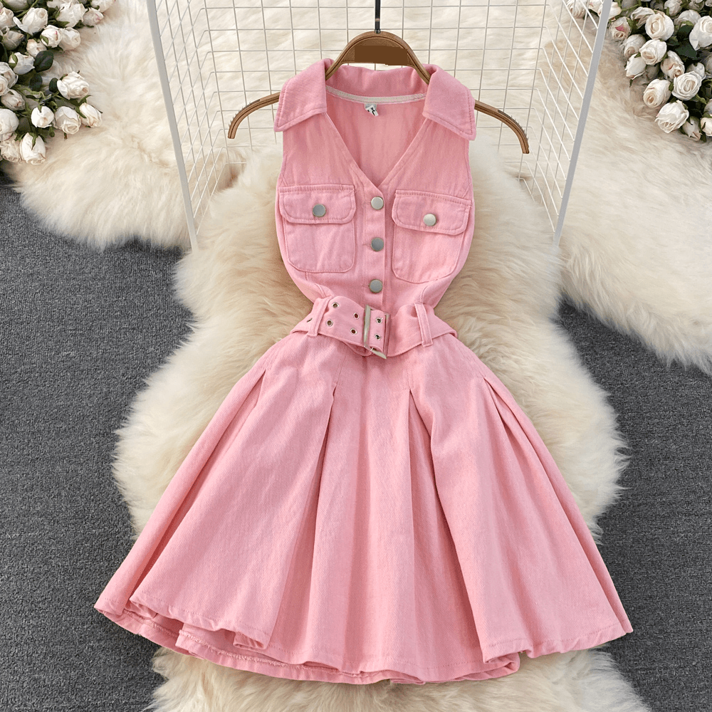 Women's Clothing Spice Girl Sexy Denim Skirt Design Neck Waisted Short A- Line Puffy Pleated Dress