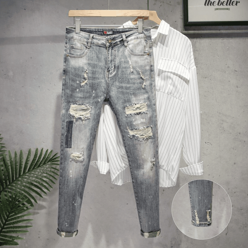 Jeans Men Light Color Summer Thin Style Youth Korean Style Trendy Printed Holes Slim Fit Skinny Trousers