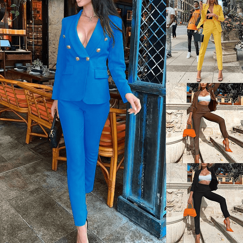 Elegant Women's Casual Suit Set - Polyester Blend Office Pantsuit With Long Sleeves, Comfortable & Stylish For Work & Daily Wear