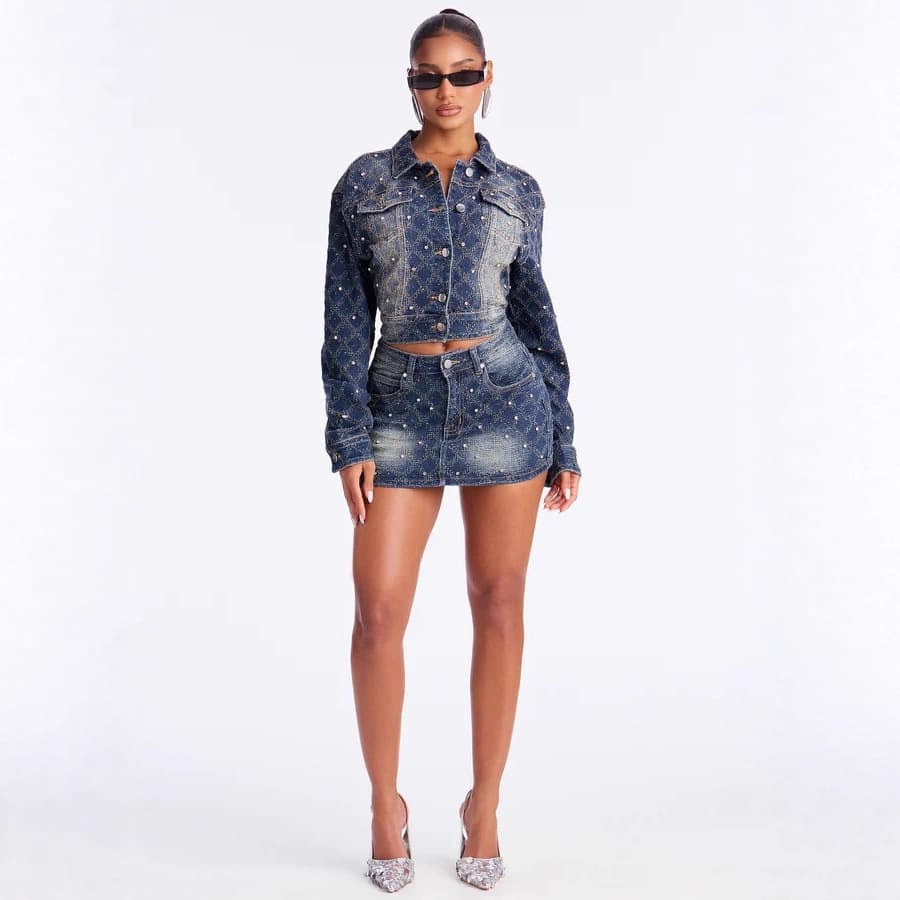 ​​Women's Diamond Crochet & Rhinestone Denim Jacket With Bodycon Mini Skirt Set Edgy Boho Outfit​​