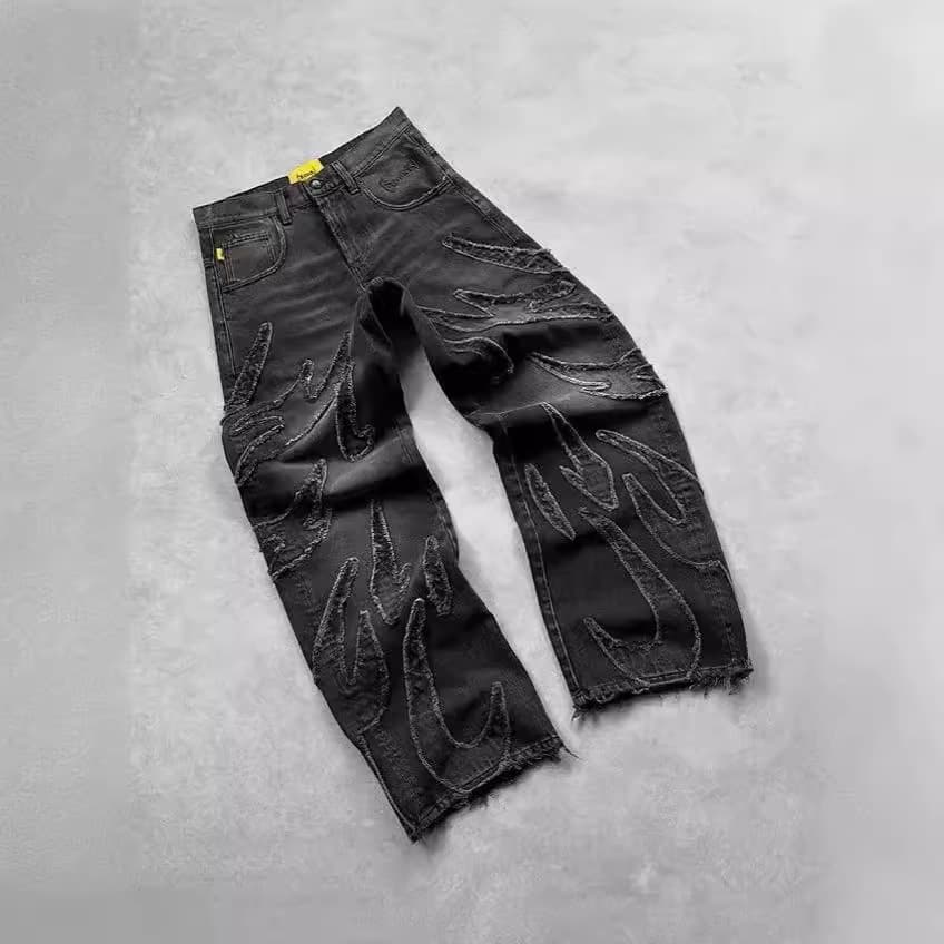 Loose, wide legged, American style, high setting, black patchwork hole jeans, hip-hop