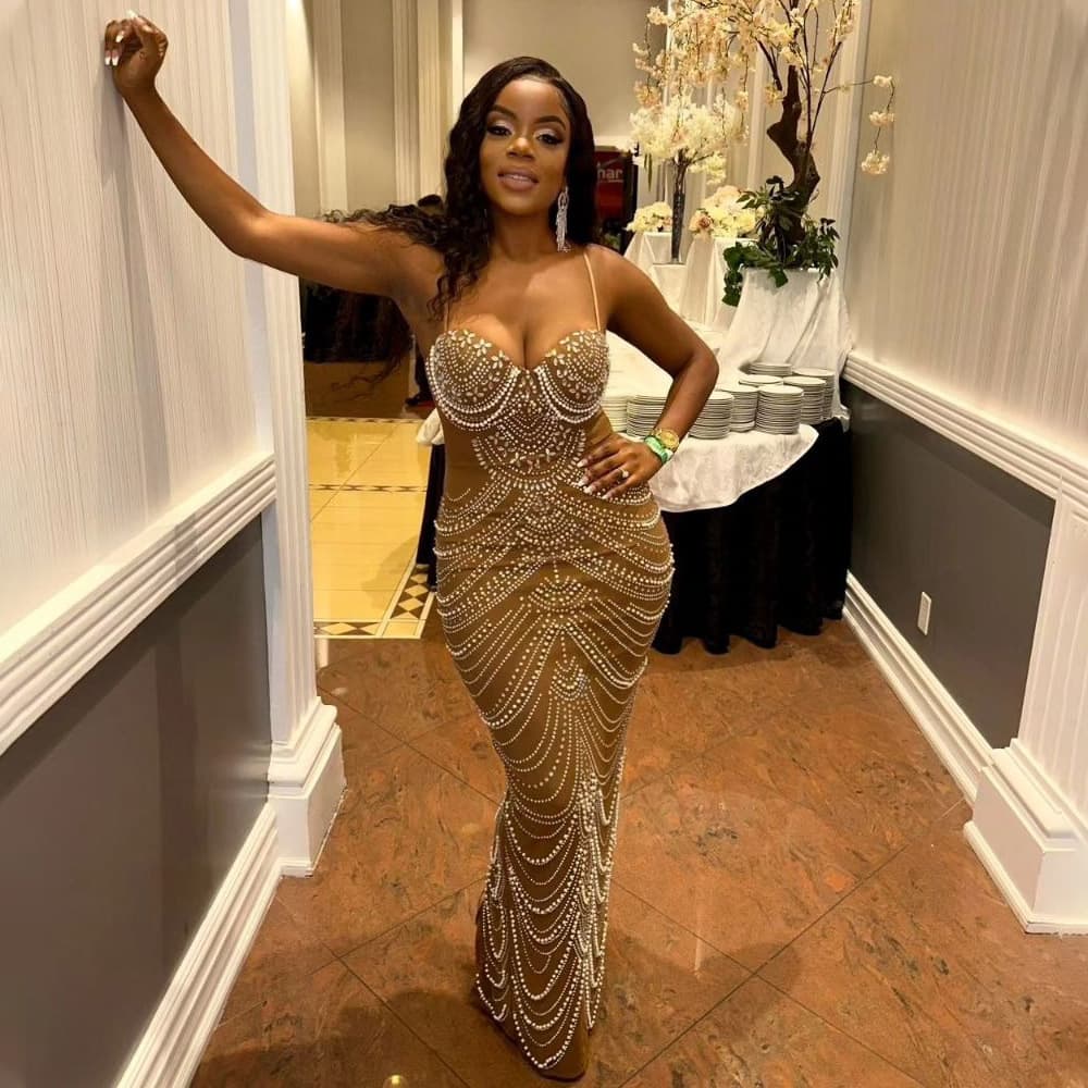 Women's Clothing Hot Diamond Bubble Beads Evening Dress Sexy Dress Long Skirt