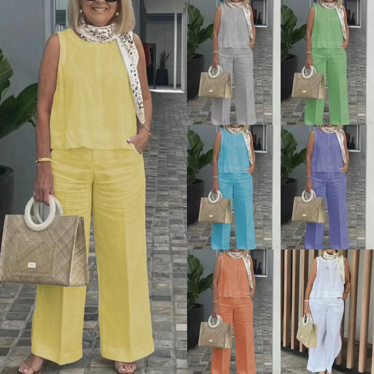 Women's Clothing Cotton And Linen Suit Sleeveless Tops Wide Leg Trousers Two Piece Suit