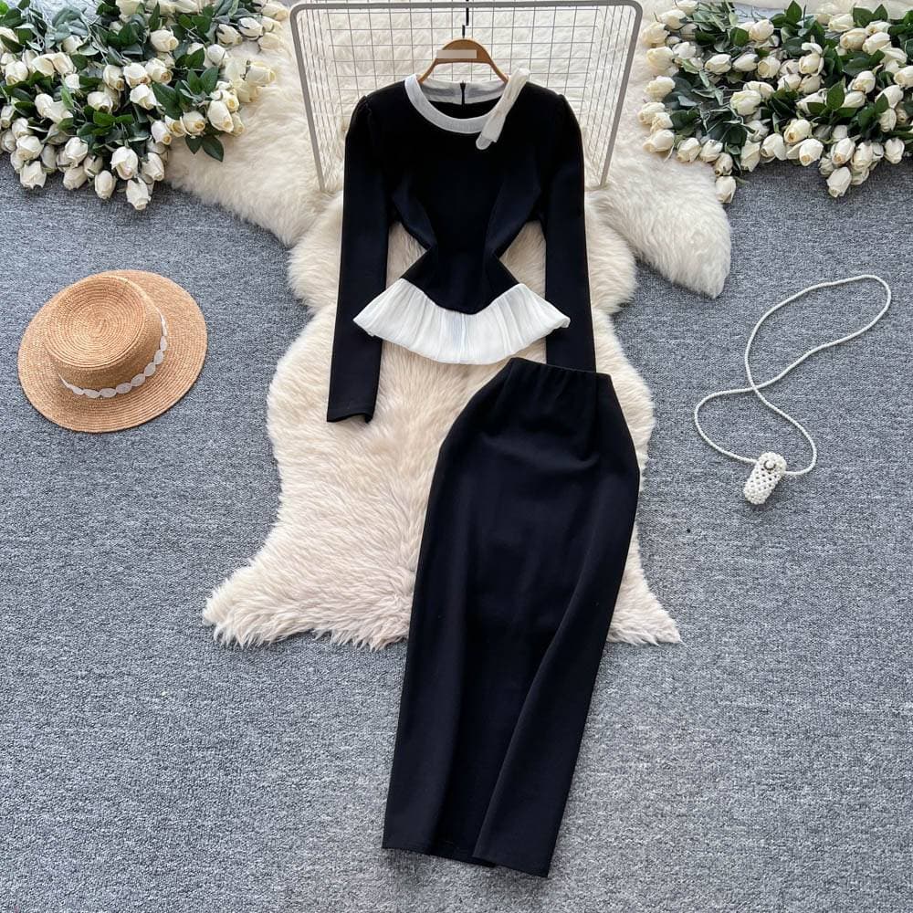 ​Elegant -Inspired Two-Piece Set - Contrast Color Peplum Top & High-Waist Pencil Skirt For Women (S/M/L/XL)​