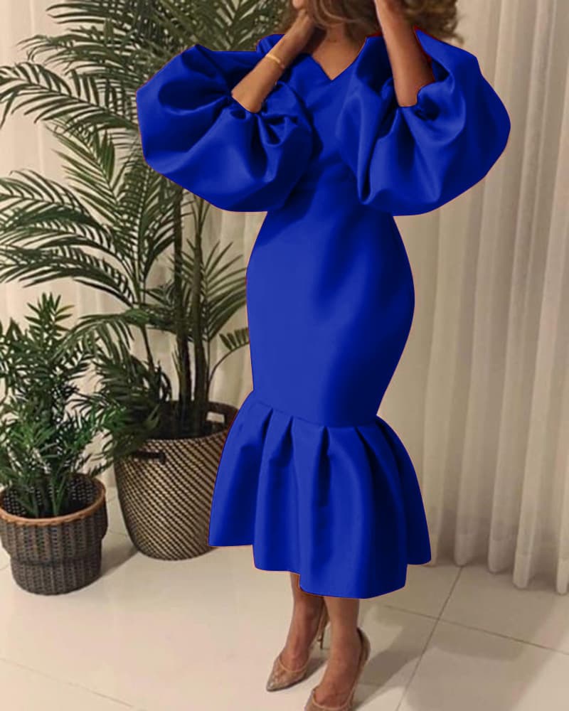 Women's Fashion Solid Color V-neck Bubble Long-sleeved Mermaid Skirt Dress