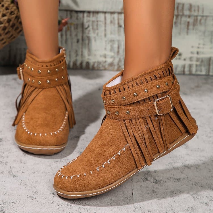 Large size rivet fringe metal buckle short boots autumn and winter new flat warm women's boots