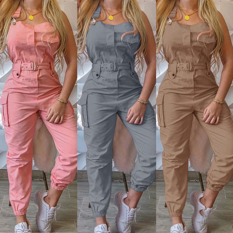 Women's fashion cargo jumpsuit belt sleeveless suspenders simple constraint foot pants