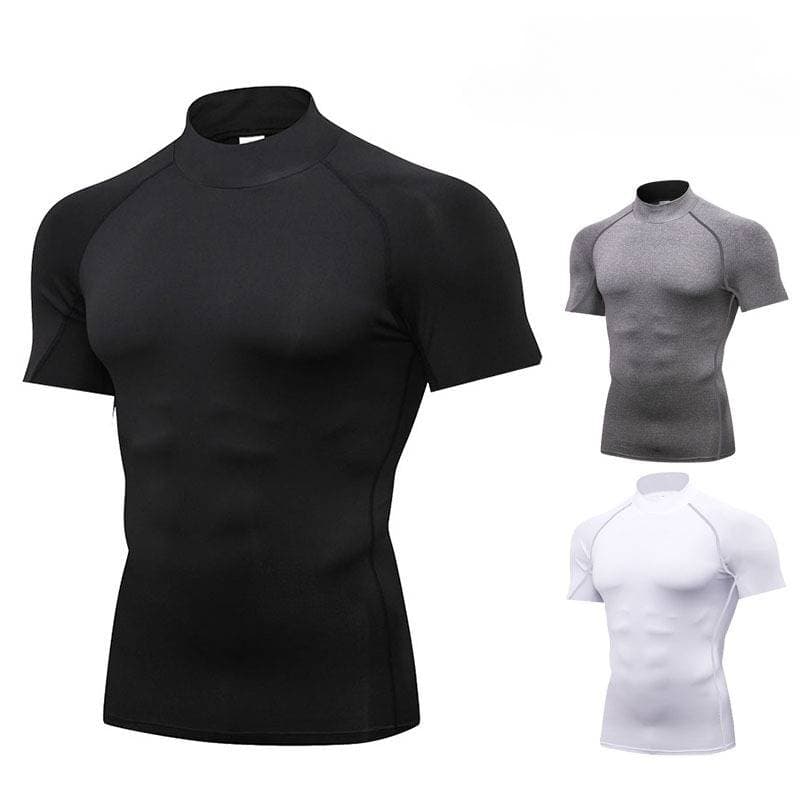 Men's Clothing High Collar Tights Short Sleeve Fitness Sports Running Training Suit Elastic Quick Drying Clothes Short Sleeve T Shirt