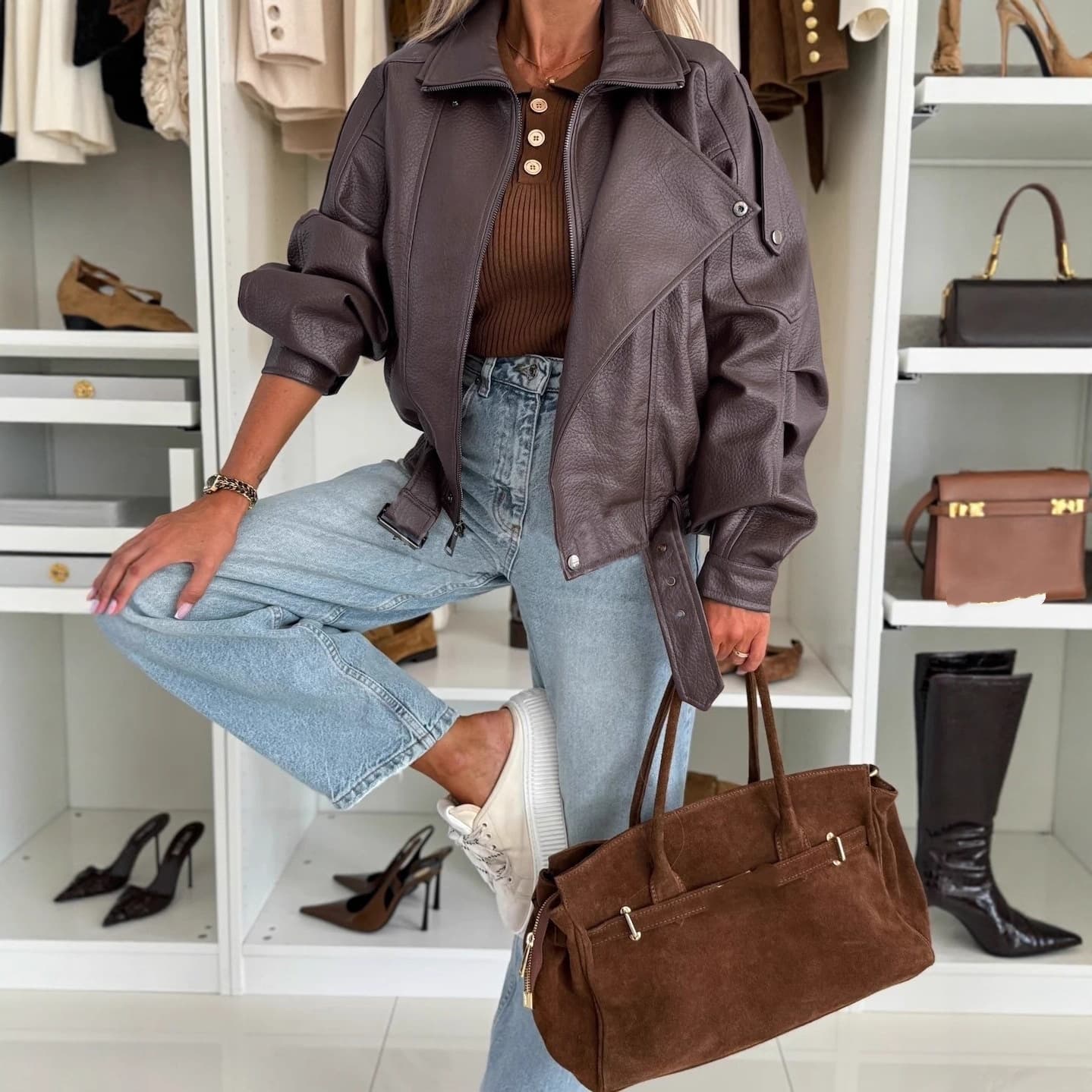 Women’s Vintage PU Leather Jacket – Retro Zip-Up Faux Leather Coat For Fall & Winter