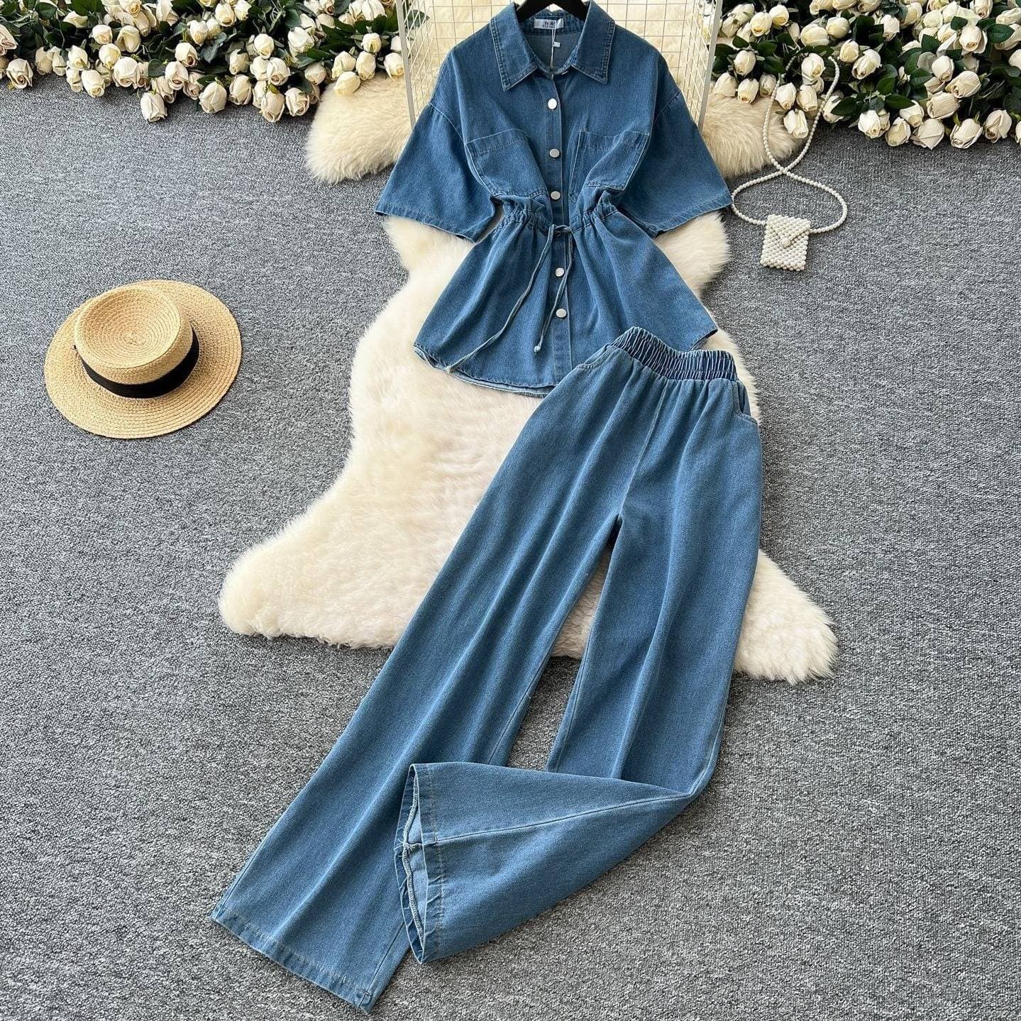 Retro Cowgirl Denim Set Women's Summer Drawstring Polo Shirt & High-Waisted Wide-Leg Pants Outfit​