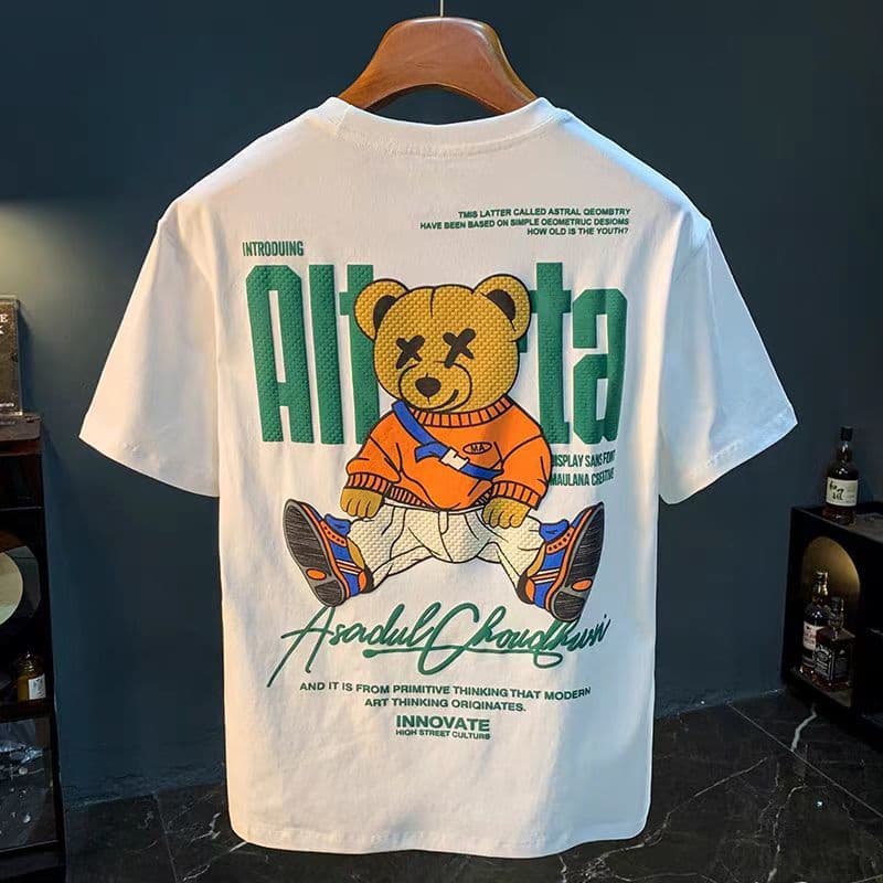 2025 New Summer Short Sleeved Men's Trendy Brand Loose Internet Celebrity Bear Same Style Printed Casual Half Sleeve