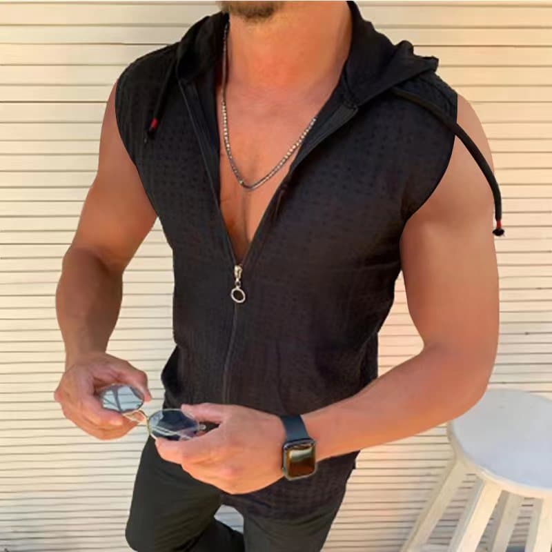 Men's Clothing Sleeveless Hooded Zipper Cardigan T Shirt Men Summer Cool New Fashion Plaid Sleeveless T Shirt Men's Lapel