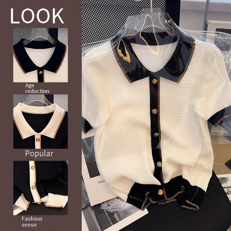 Women's Clothing Short Sleeved T Shirt Summer Thin Knitted Cardigan French Niche High End Contrast Color Polo Collar Top