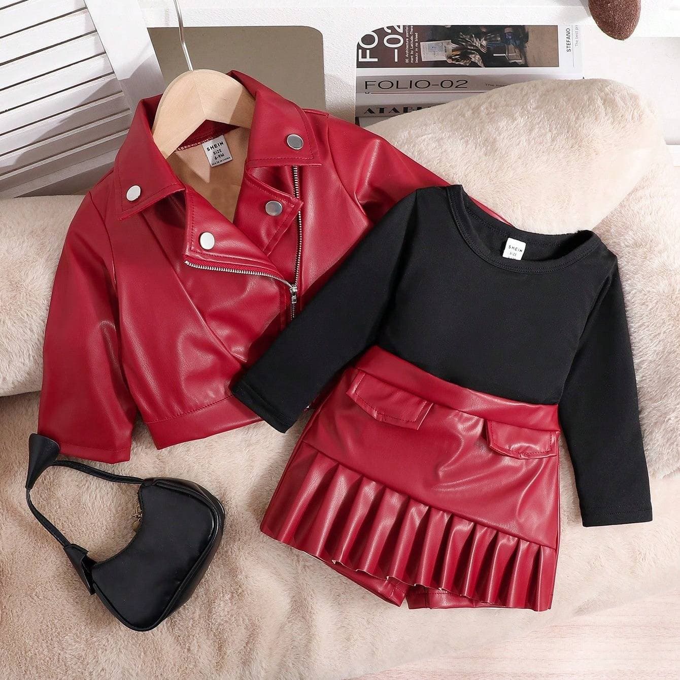 Korean Style Girls' Three Piece Set Autumn Winter Fashion High End Motorcycle PU Leather Lapel Toddler Clothing 3-7 Years