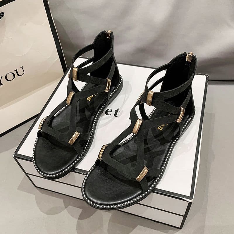 2024 Summer New Fahionable And Minimalit Metal Flat Bottom Cro Buckle Wrap Root Comfortable Back Zipper Roman