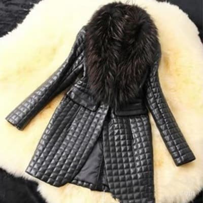 Women's clothing popular oversized raccoon fur collar sheepskin simulated leather plus cotton leather jacket women's mid-length coat
