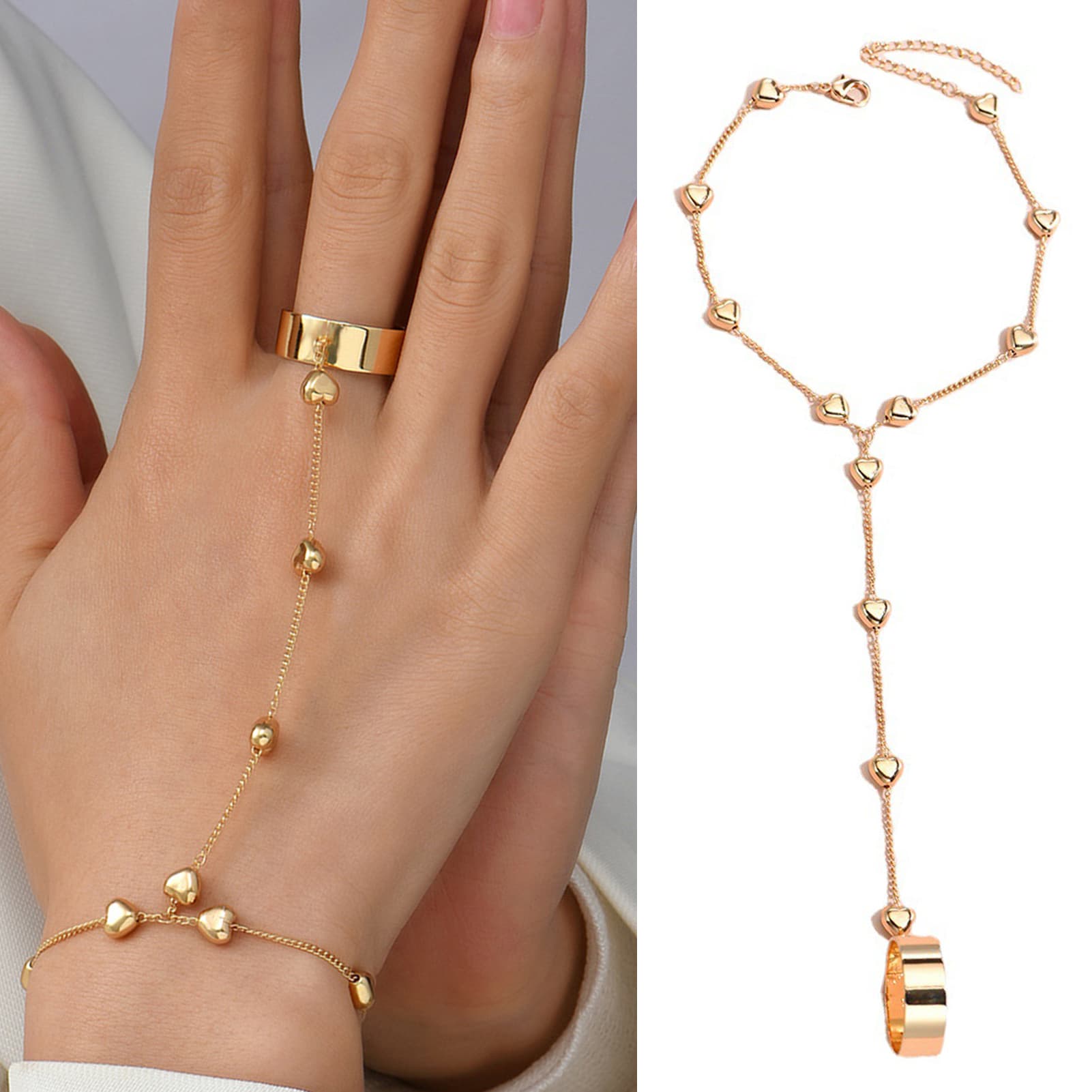 Shuosbai Women Ring Bracelet Set Solid Color Alloy Sturdy Heart Shape Ring Hand Chain Set Prom Jewelry