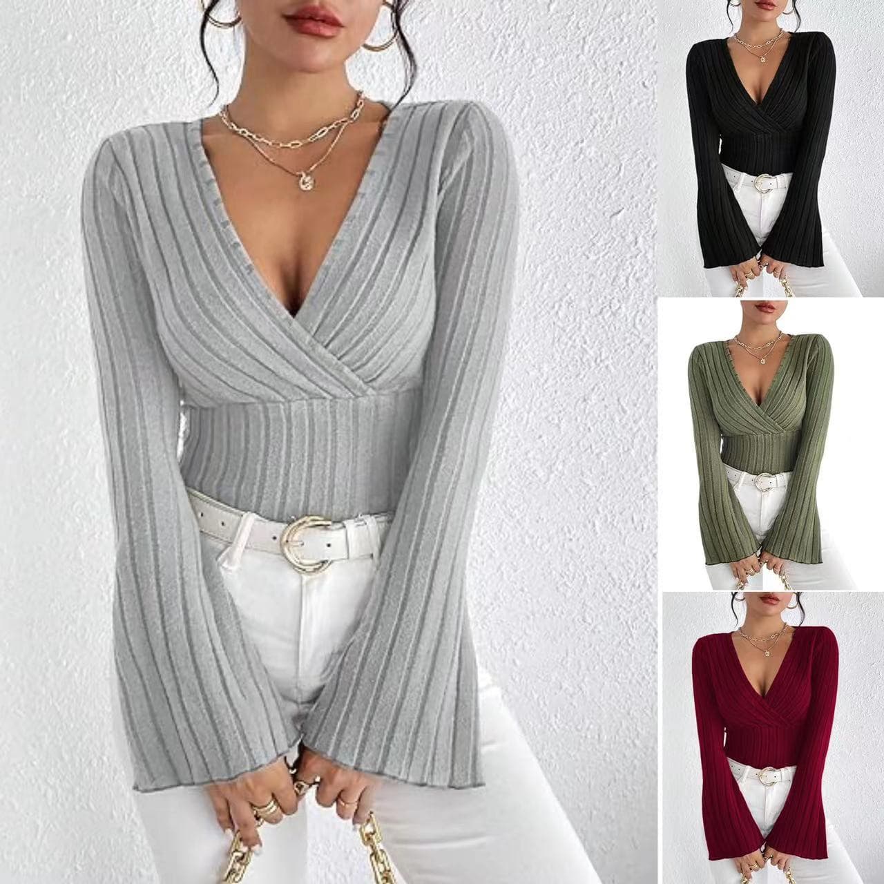 Women's Clothing autumn and winter ribbed pit V neck slim long sleeved T shirt women's top