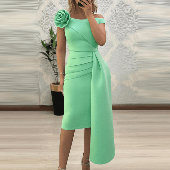Robe plissée asymétrique à une épaule, motif floral tridimensionnel, vert menthe, pour femme, LZR17440