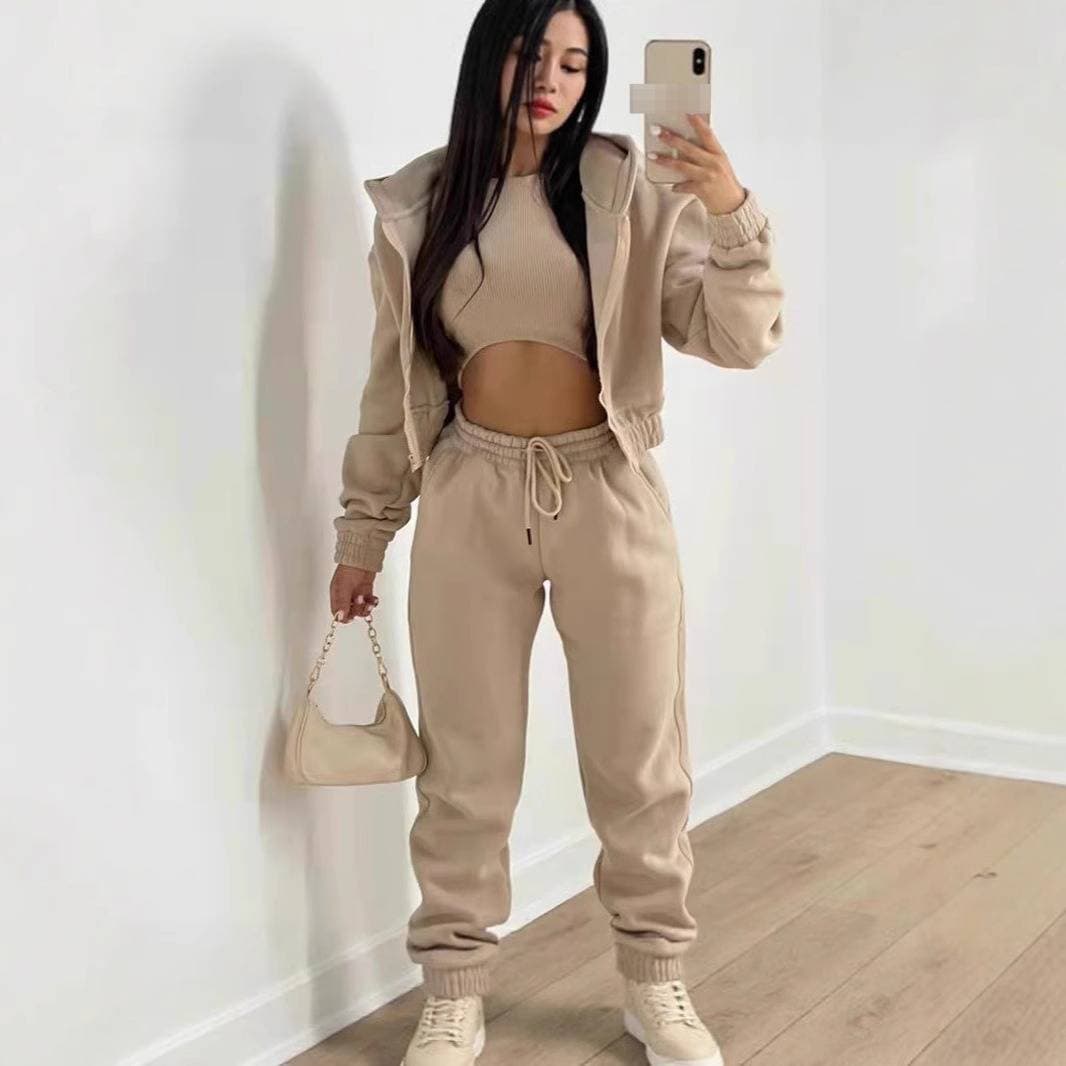 ​​Women's Winter 3-Piece Tracksuit Set – Fleece-Lined Hoodie & Jogger Pants, Streetwear Casual Outfit With Drawstring (Multiple Colors)​​