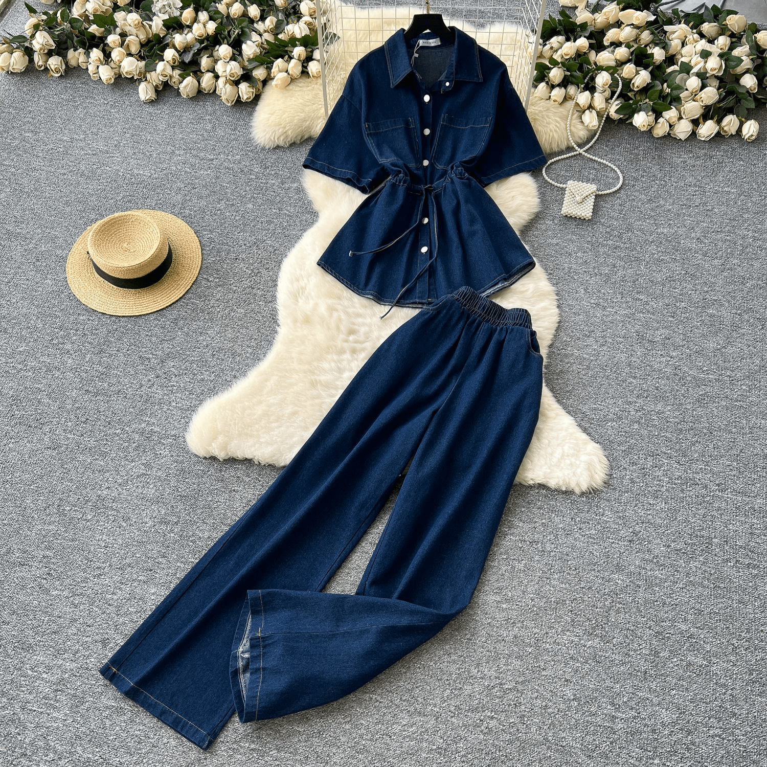 Women's Clothing Retro Denim Suit Drawstring Collar Shirt Top Elastic Waist Wide Leg Slim Fit Trousers