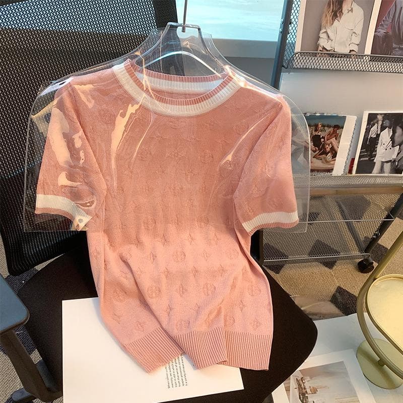 Women's Clothing Women's Round Neck Color Block Loose Fit Viscose T-Shirt Summer Fashion Breathable Jacquard Knit Top