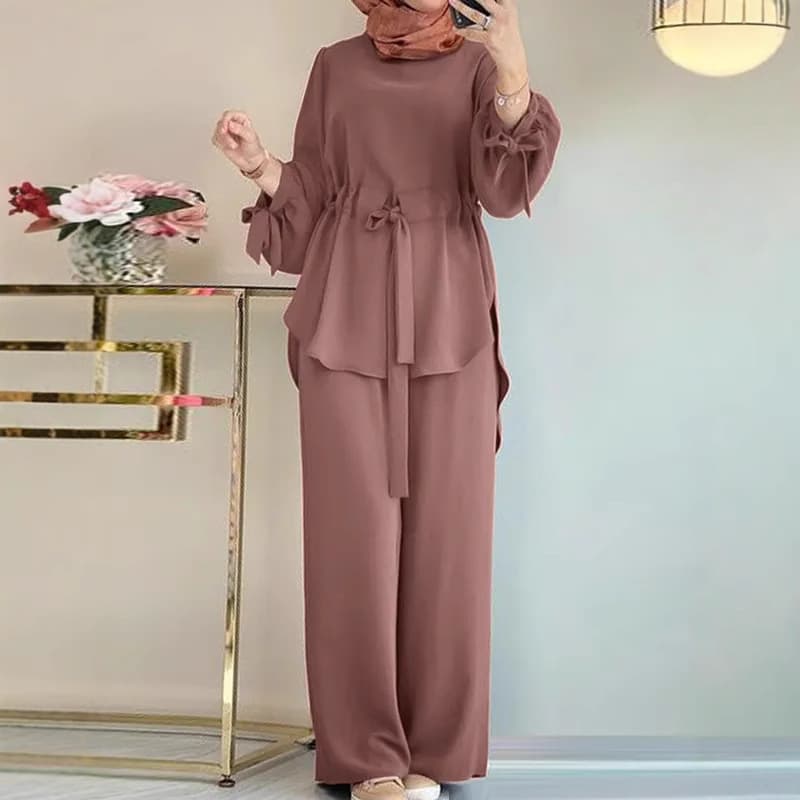 H730 Muslim Women's Solid Color Drawstring Tie Two-Piece Set Round Neck Top Wide-Leg Pants Elegant Ladies Suit