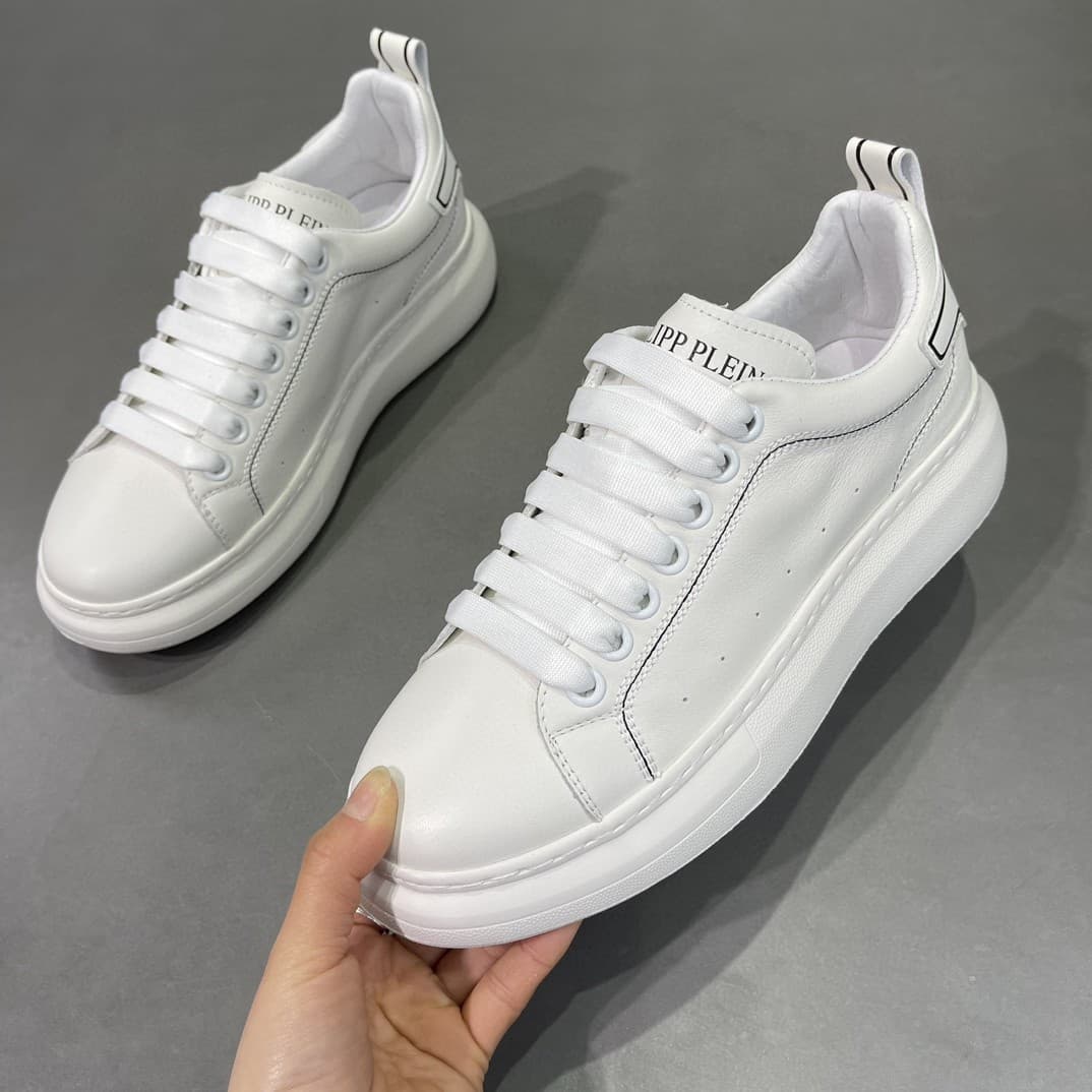 High End Genuine Leather White Lightweight Breathable Men's Shoes, Trendy And Versatile Sports Thick Soled Board Shoes
