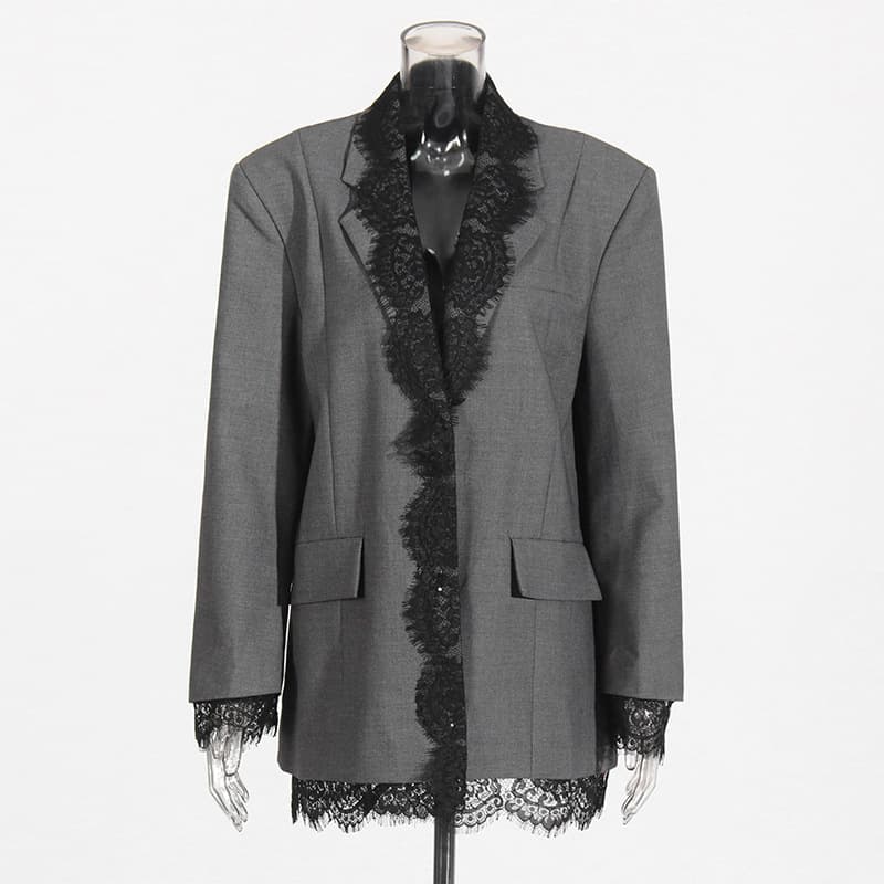 Women's Clothing Small Suit Lace Splicing Elegant Gray Blazer With Lace Embroidery & Notched Collar - Stylish Office Wear For Women (Sizes S-XL)​