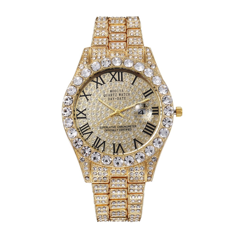 Montre femme en acier inoxydable sertie de strass – Cadran élégant à chiffres romains avec motif ciel étoilé et fonction calendrier, montre à quartz