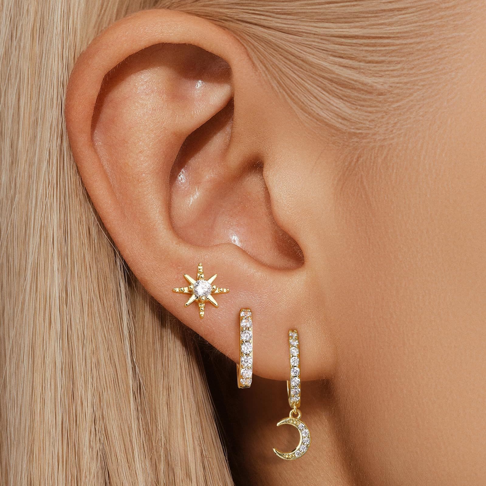 Women’s Jewelry Set Fashion Real Gold Brass Electroplating Temperament Simple Personality Six Pointed Star Inlaid Zircon Earrings Three Piece Set