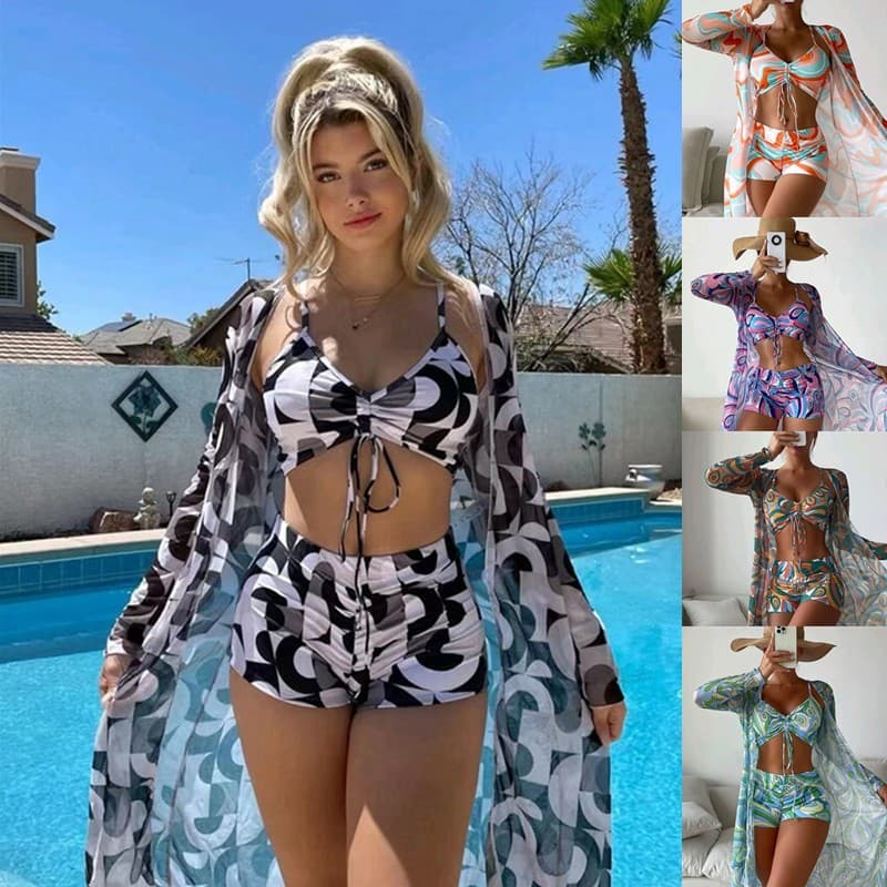 Women's bikini three-piece digital printing outerwear flat pants swimsuit women