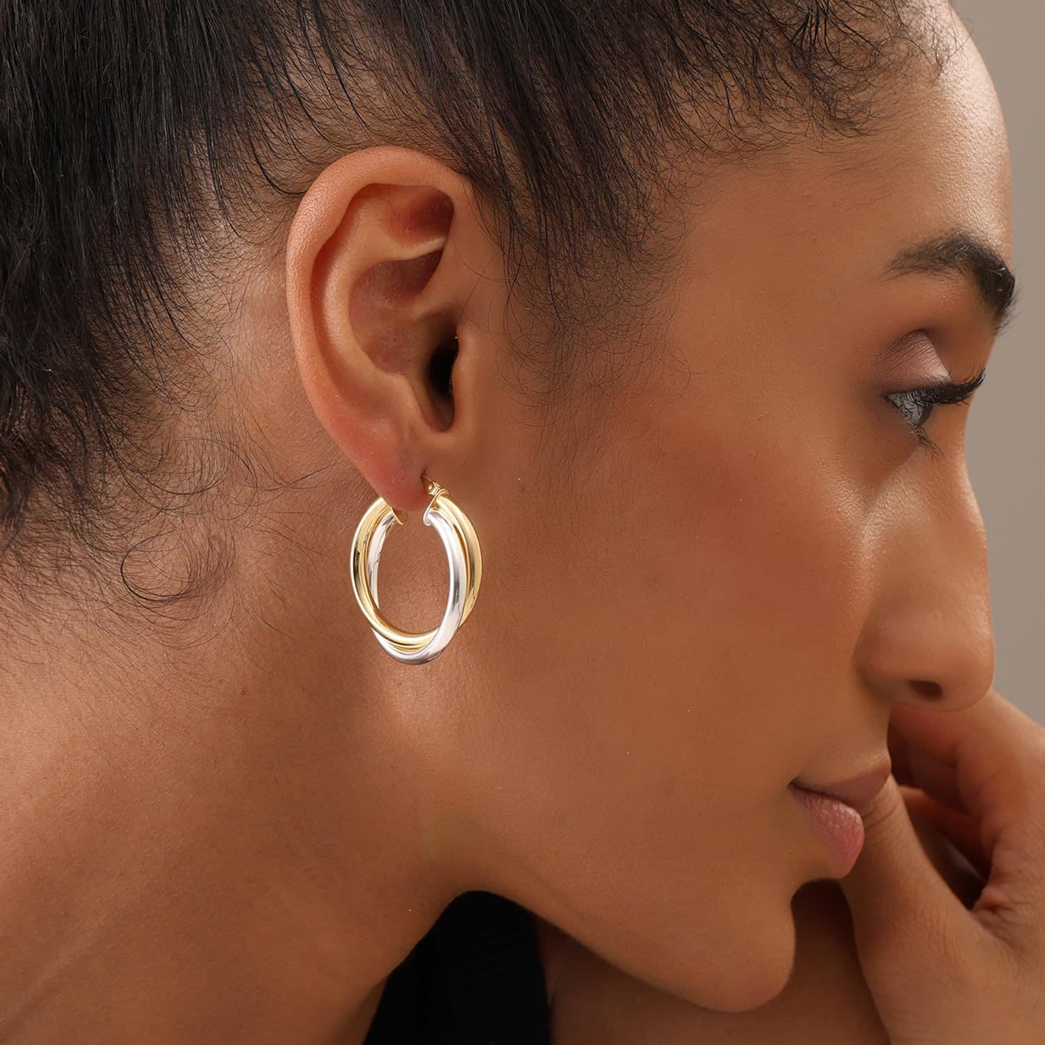Women's Jewelry Brass With Real Gold Plating Simple Glossy Two Color Double Layer Fashionable Ladies' High End Earrings