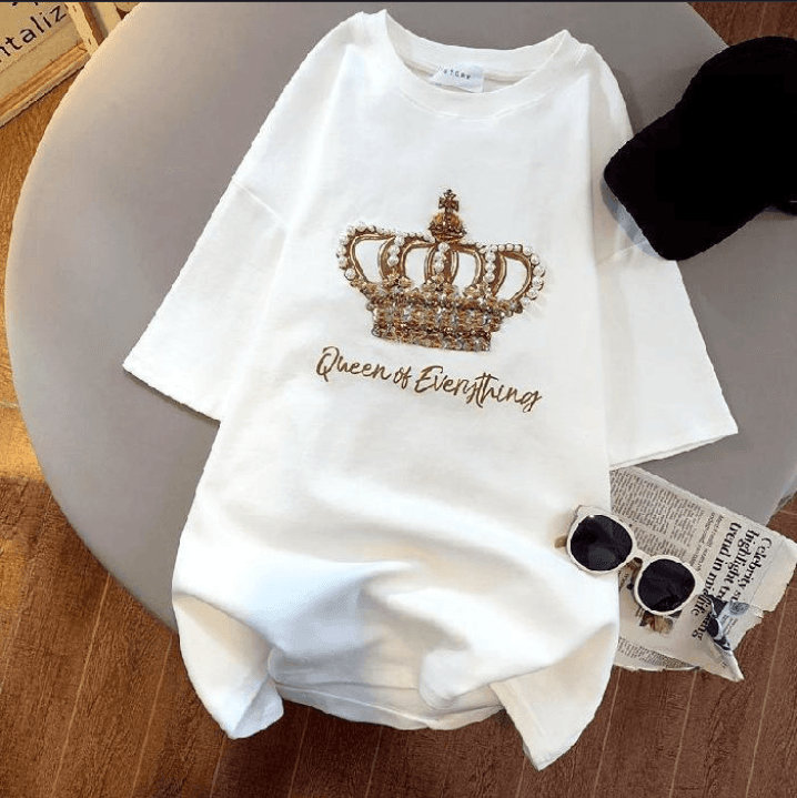 Women's Clothing summer loose slimming fat mm plus size women's clothing heavy industry beaded crown short sleeved t shirt tops women's trendy