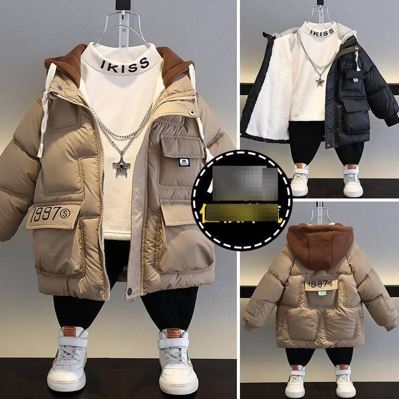 Boys' Premium Lambskin-Look Padded Jacket – Warm & Stylish Winter Coat For 3-7 Year Olds (Khaki/Black) – Plush-Lined Windproof Parka